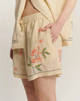 The Tales Cream Embroidered Flower Linen Shorts