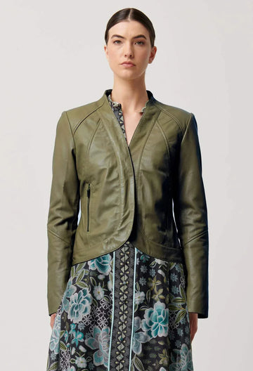 Once Was Nova Leather curved Hem Jacket Moss
