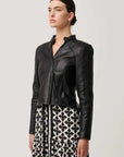 Once Was Blaire Leather Herringbone Stitch Jacket Black