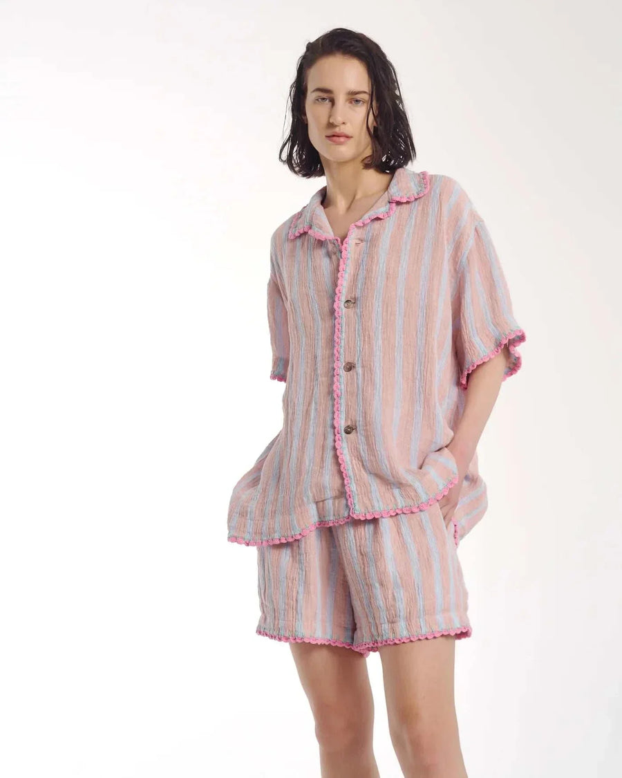 The Tales Hand Crochet Trimmed Stripe Linen Shirt Rose